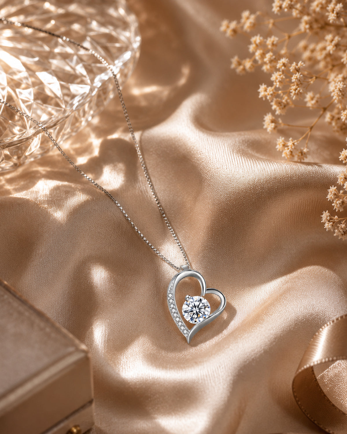 Kette „Herzstern“ – Herzanhänger mit Zirkonia-Mittelstein & Pavé-Linie – Silber