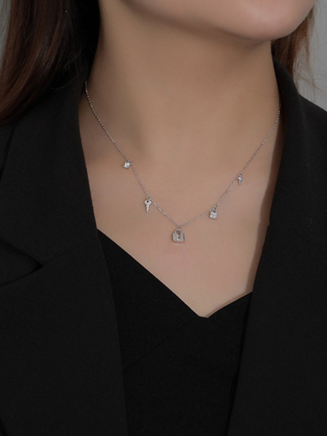 Kette „Schlüsselglück“ – Schloss & Schlüssel, Zirkonia-Details – 925 Sterling Silber