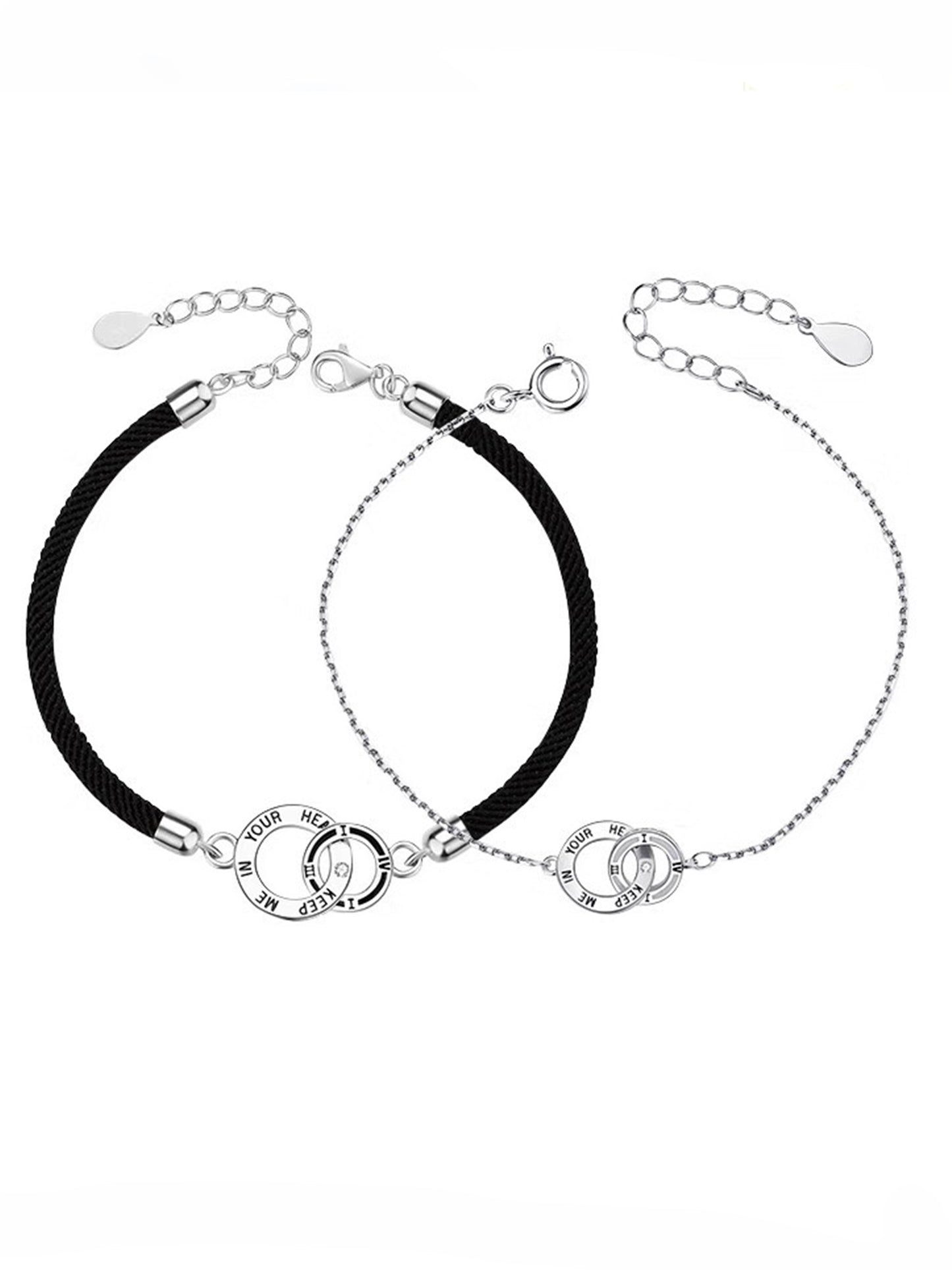 Partner-Set „Versprechen“ – Silberarmband für Frauen & schwarzes Herrenarmband mit Gravur-Charm