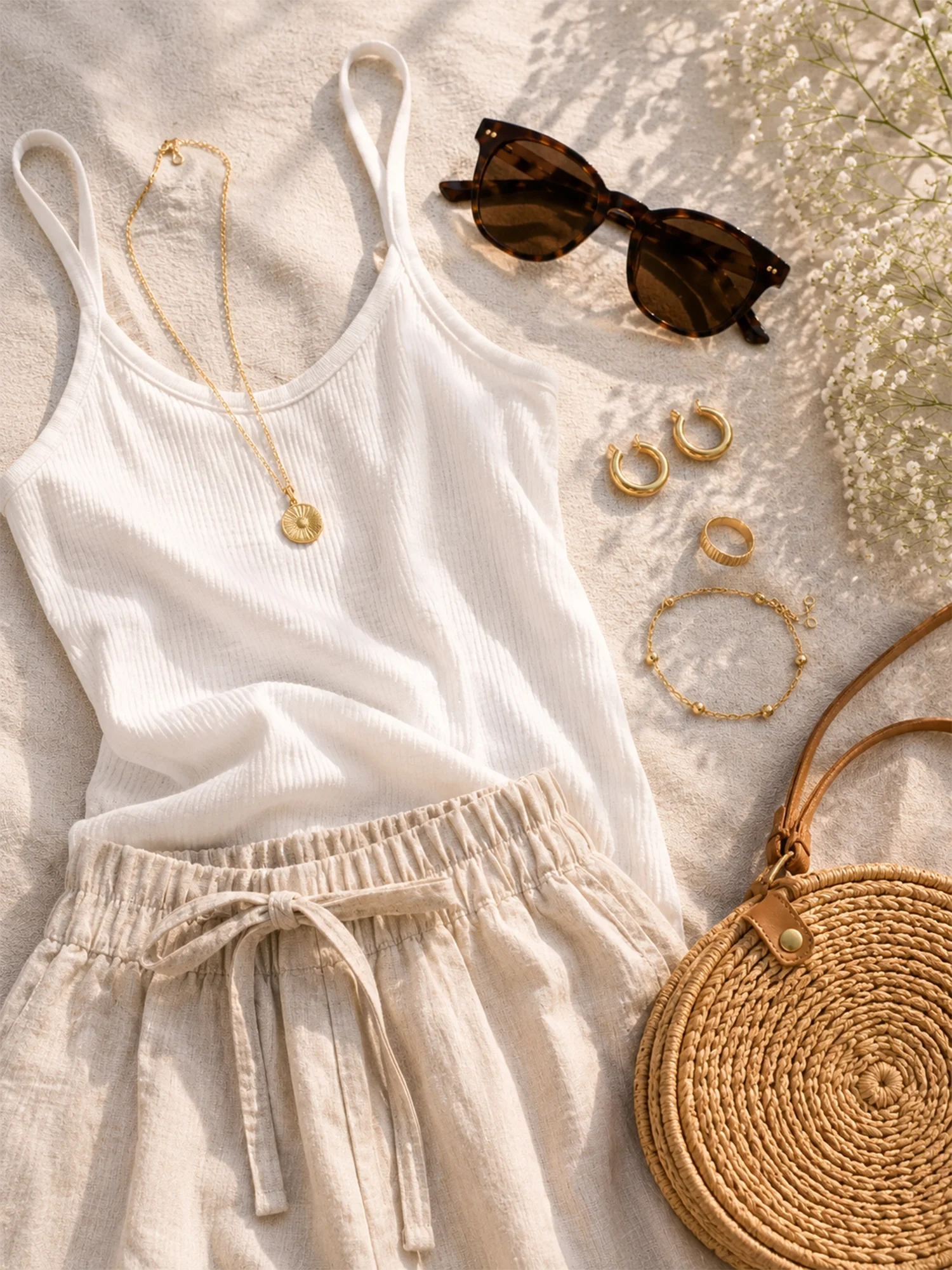 Moderner City-Sommerlook mit Tanktop, weiter Hose und Pavé-Creolen