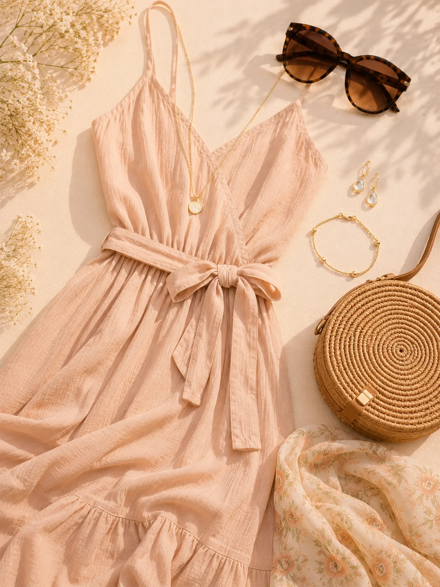 Femininer Sommerlook mit fließendem Kleid und zarten Tropfenohrringen
