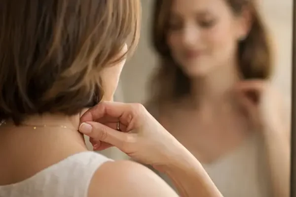 Frau betrachtet Schmuck im Spiegel