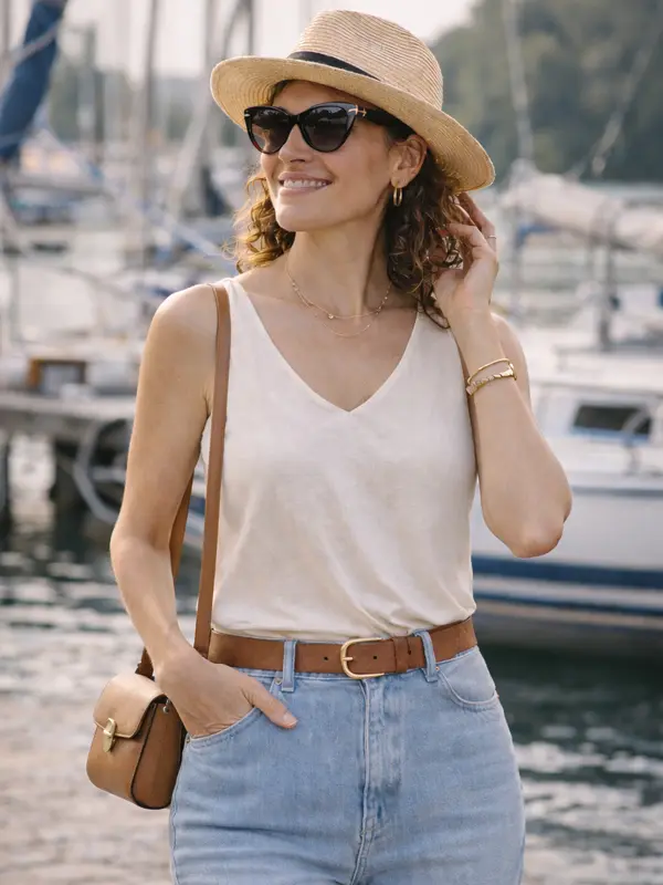 Frühlingslook mit Sonnenbrille, Gürtel und Hut