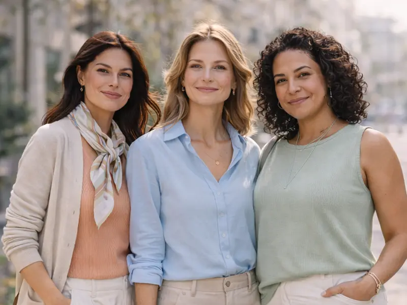 Frühjahr 2026 Farbwelt mit unterschiedlichen Frauen und sanften Frühlingsakzenten