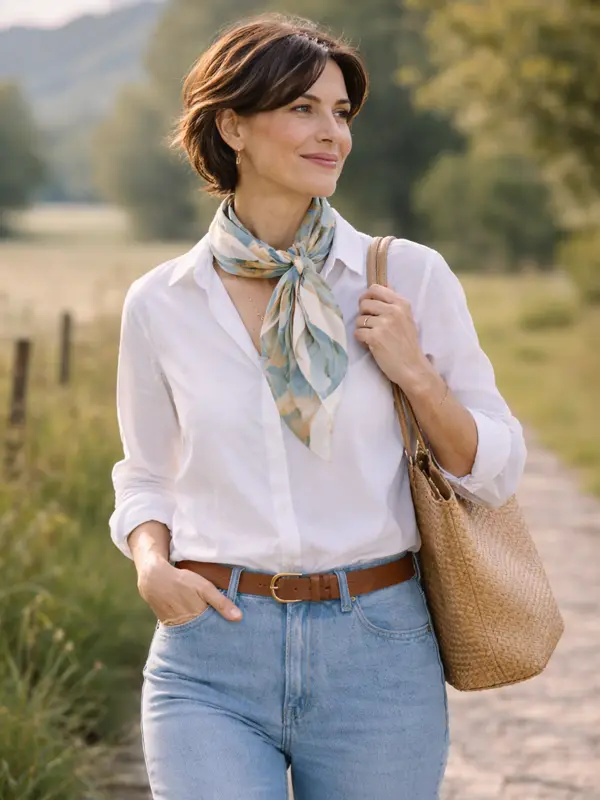 Weißes Hemd, helles Denim und Seidentuch als Frühlingslook 2026